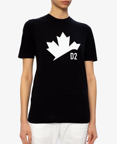  DSQUARED2 - Áo thun nữ cổ tròn ngắn tay phom suông phối hình lá thông 