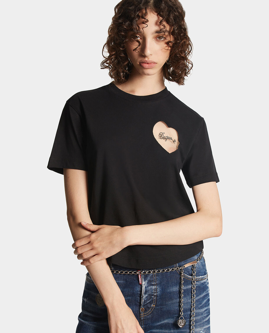 DSQUARED2 - Áo thun nữ cổ tròn tay ngắn phom lửng Heart