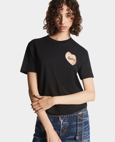  DSQUARED2 - Áo thun nữ cổ tròn tay ngắn phom lửng Heart 
