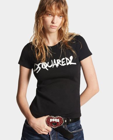  DSQUARED2 - Áo thun nữ cổ tròn tay ngắn phom lửng phối logo 