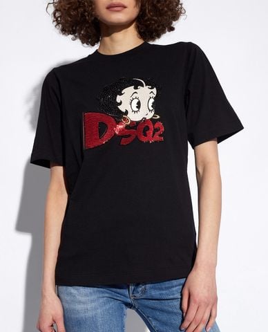  DSQUARED2 - Áo thun nữ cổ tròn tay ngắn phối kim tuyến Betty Boop 