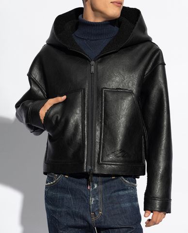  DSQUARED2 - Áo khoác da nam tay dài phối mũ Vegan Leather 