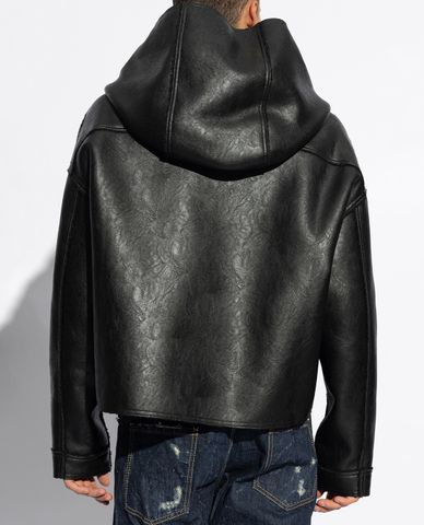  DSQUARED2 - Áo khoác da nam tay dài phối mũ Vegan Leather 