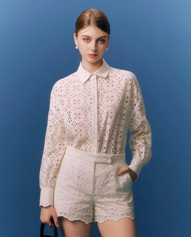  GIGI - Áo sơ mi nữ cổ bẻ tay dài hoạ tiết ren lỗ hiện đại 