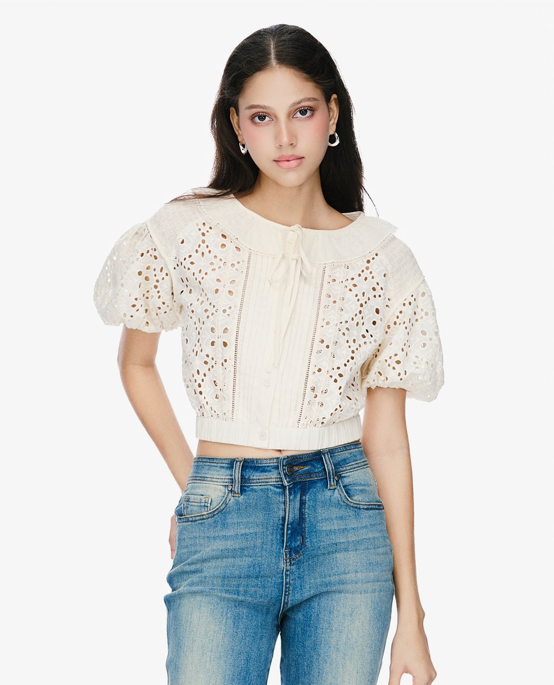 GIGI - Áo kiểu nữ croptop cổ tròn tay phồng thời trang