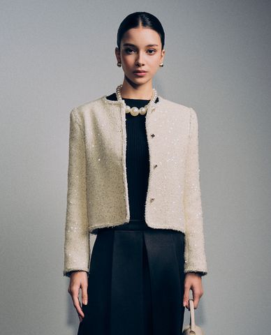  GIGI - Áo khoác tweed nữ cổ tròn tay dài hiện đại 