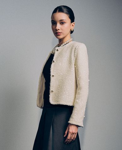  GIGI - Áo khoác tweed nữ cổ tròn tay dài hiện đại 