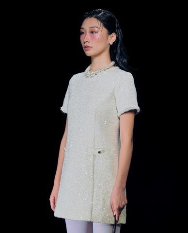  GIGI - Đầm tweed mini cổ tròn tay ngắn phom suông 