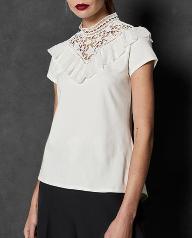  TED BAKER - Áo kiểu nữ cổ cao tay ngắn phối bèo Aurra 