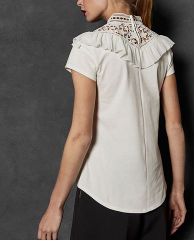  TED BAKER - Áo kiểu nữ cổ cao tay ngắn phối bèo Aurra 