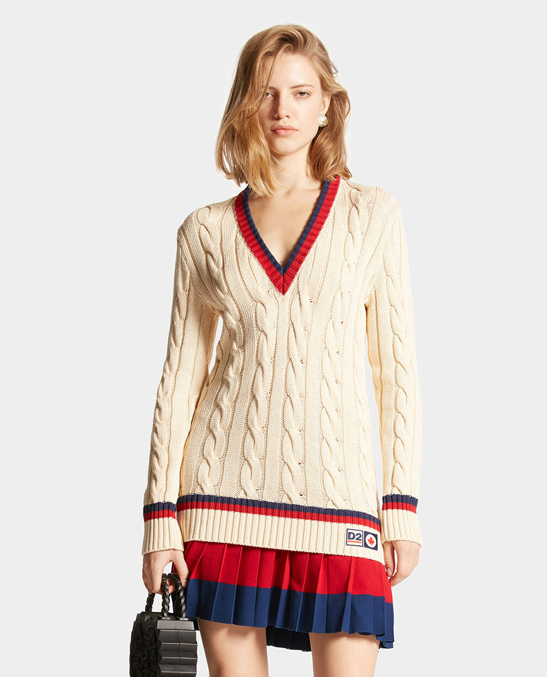 DSQUARED2 - Đầm dệt kim mini xếp li cổ V tay dài Cables And Pleats