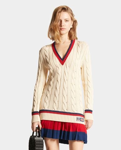  DSQUARED2 - Đầm dệt kim mini xếp li cổ V tay dài Cables And Pleats 