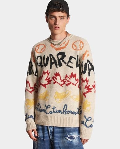  DSQUARED2 - Áo sweater nam dệt kim cổ tròn tay dài trang trí hoạt tiết Baseball 