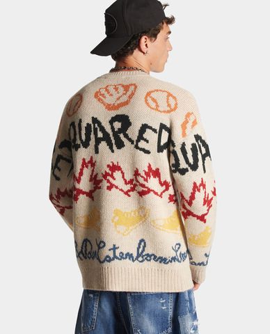  DSQUARED2 - Áo sweater nam dệt kim cổ tròn tay dài trang trí hoạt tiết Baseball 