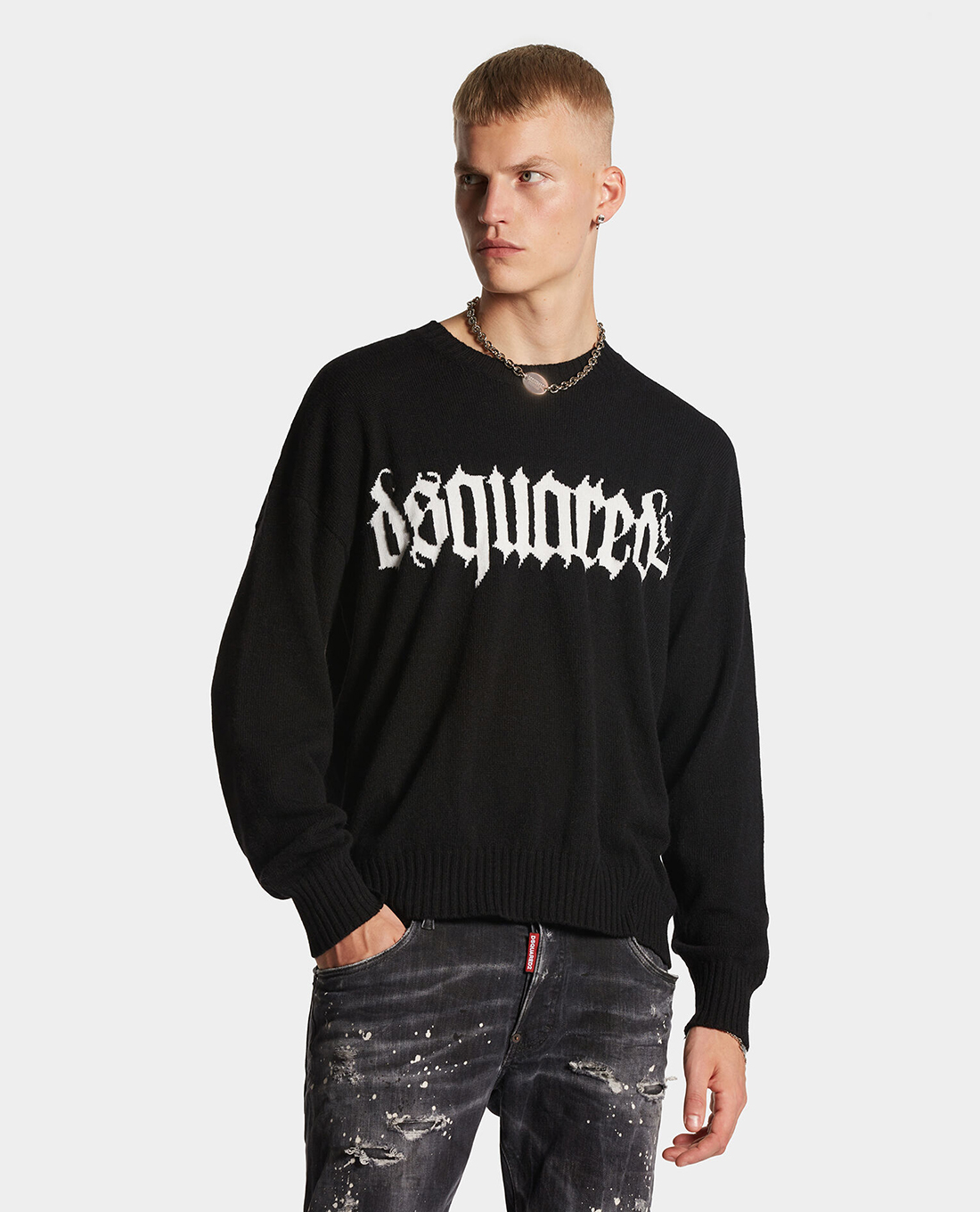 DSQUARED2 - Áo sweater nam dệt kim cổ tròn tay dài Gothic