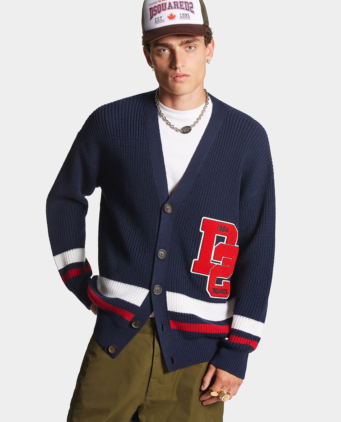 DSQUARED2 - Áo khoác cardigan nam dệt kim tay dài phối sọc ngang D2