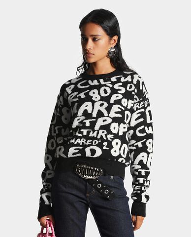  DSQUARED2 - Áo sweater nữ cổ tròn tay dài D2 Pop 80s 
