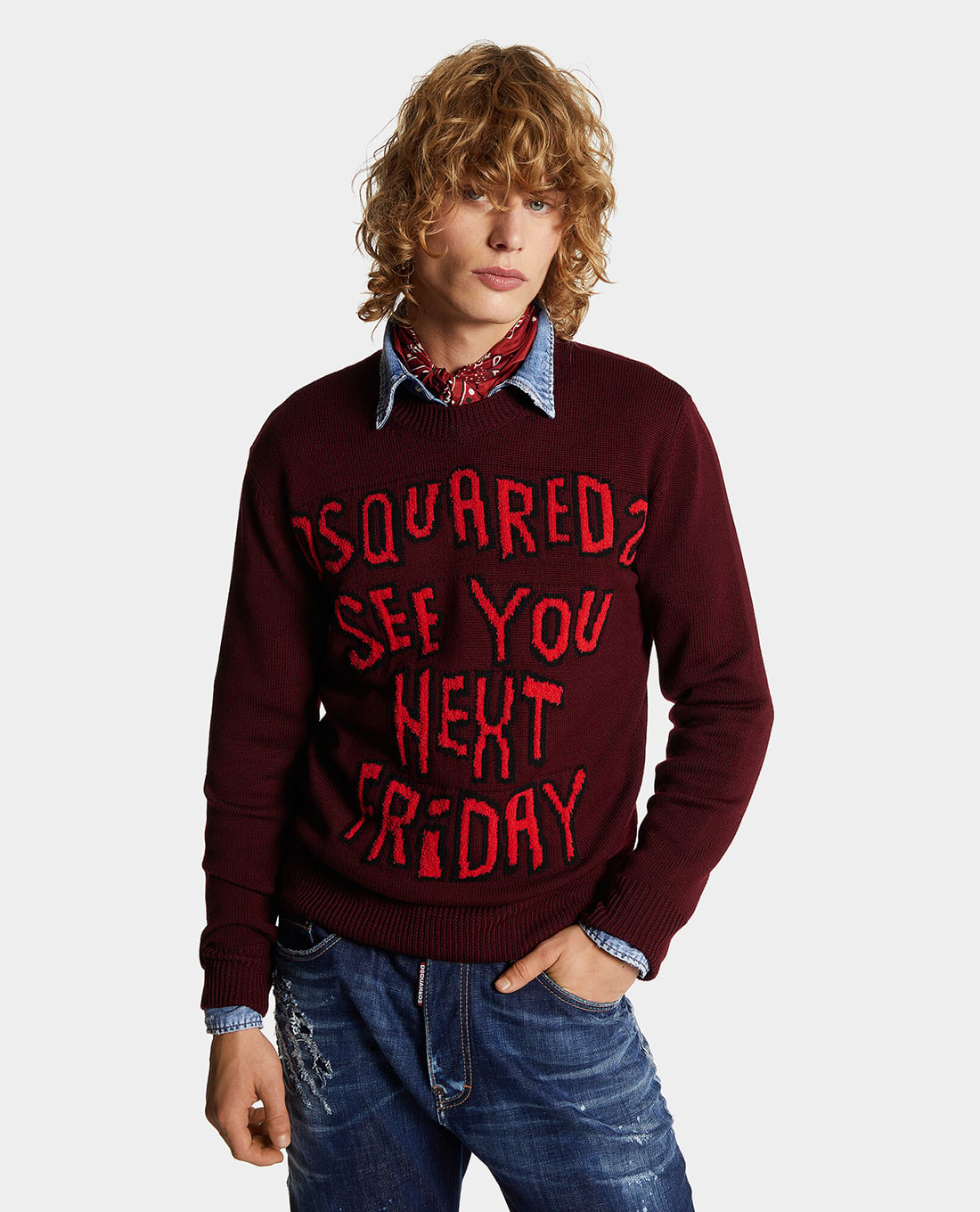 DSQUARED2 - Áo sweater nam dệt kim cổ tròn tay dài Jacquard