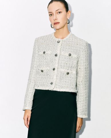  URBAN REVIVO - Áo khoác tweed nữ phom croptop Collared Neck 