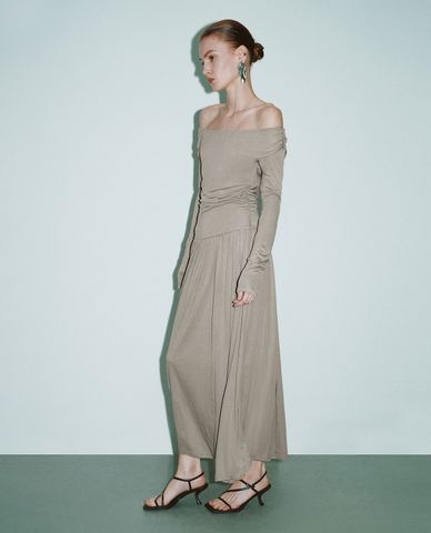  URBAN REVIVO - Đầm trễ vai chữ A phom midi nữ tính 