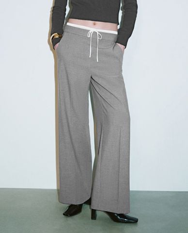  URBAN REVIVO - Quần nữ ống rộng phối dây rút thời trang 