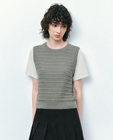  URBAN REVIVO - Áo thun nữ dệt kim cổ tròn tay ngắn 2 In 1 