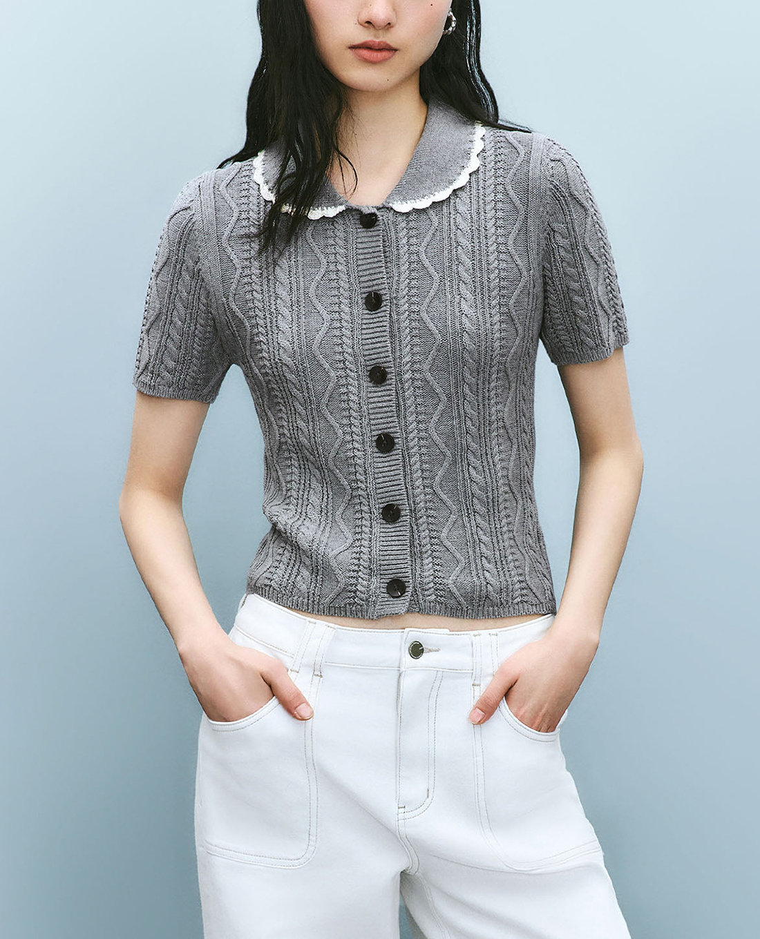 URBAN REVIVO - Áo dệt kim nữ cổ bẻ tay ngắn