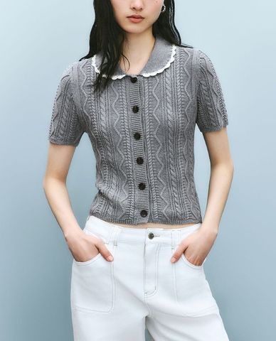  URBAN REVIVO - Áo dệt kim nữ cổ bẻ tay ngắn 