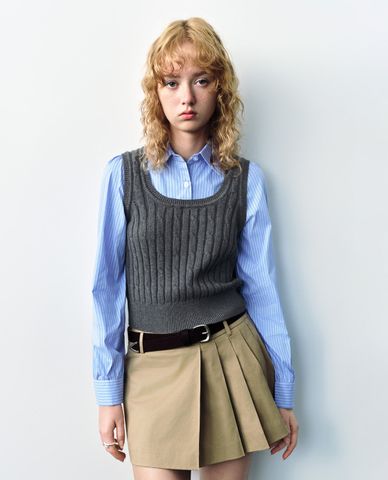  URBAN REVIVO - Áo sơ mi nữ cổ bẻ tay dài phối len 2 In 1 Skinny Knitted 