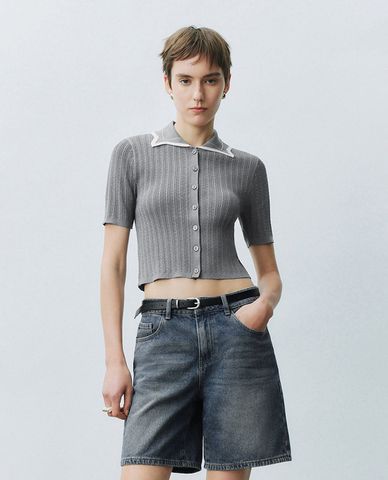  URBAN REVIVO - Áo dệt kim nữ cổ bẻ hiện đại 