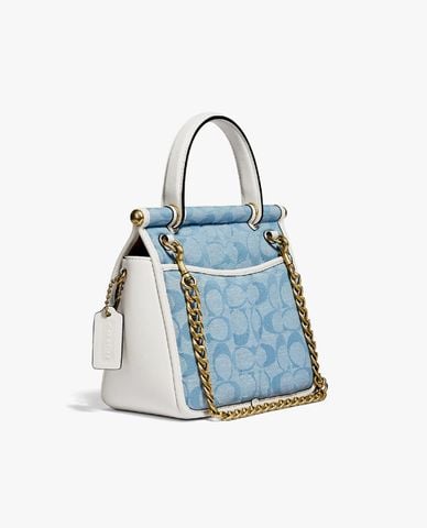  COACH - Túi xách tay nữ nắp gập dáng vuông New Willis 18 Signature Chambray 