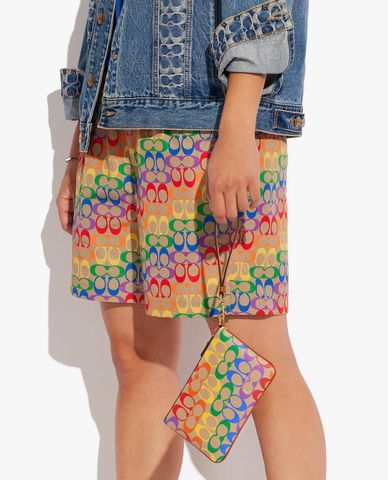  COACH - Ví cầm tay chữ nhật Small Wristlet Rainbow Signature Canvas 