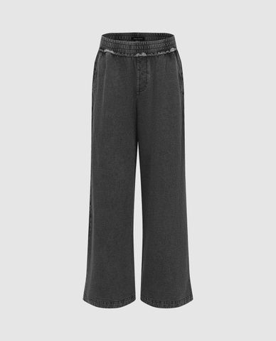  URBAN REVIVO - Quần jeans nữ ống rộng lưng thun 