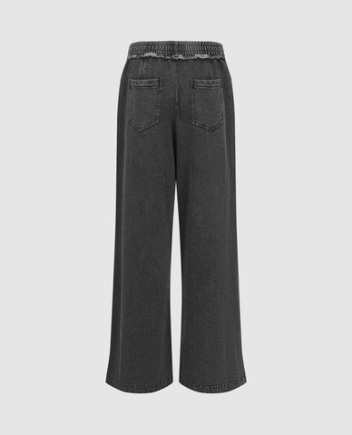  URBAN REVIVO - Quần jeans nữ ống rộng lưng thun 