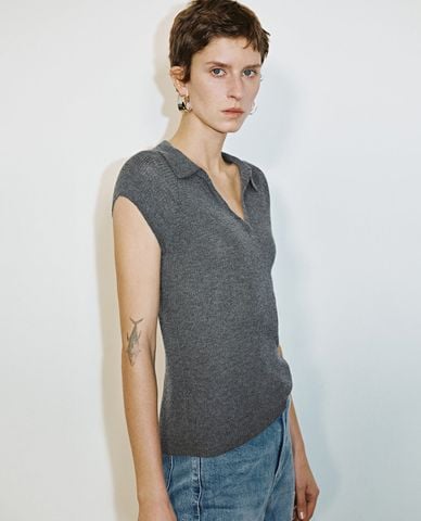  URBAN REVIVO - Áo dệt kim nữ cổ bẻ tay ngắn Lapel 