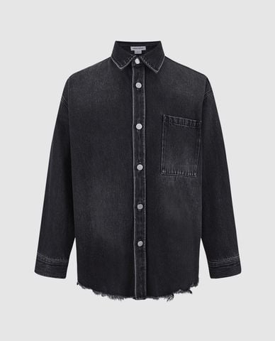  URBAN REVIVO - Áo khoác denim nam cổ bẻ tay dài Raw Hem Oversized 