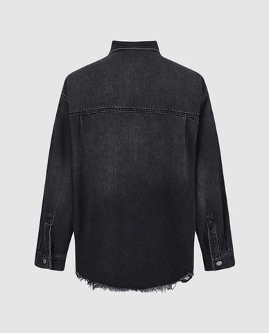  URBAN REVIVO - Áo khoác denim nam cổ bẻ tay dài Raw Hem Oversized 