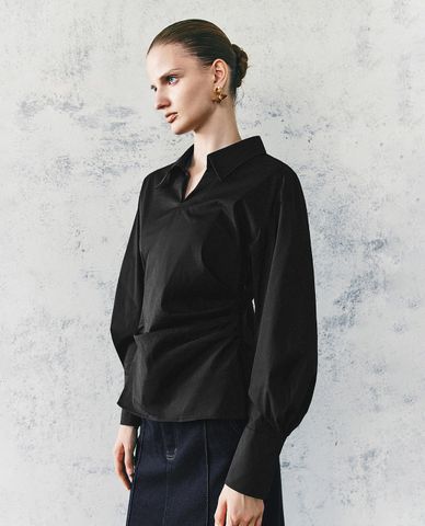  URBAN REVIVO - Áo kiểu nữ cổ bẻ tay dài Crossover Overhead 