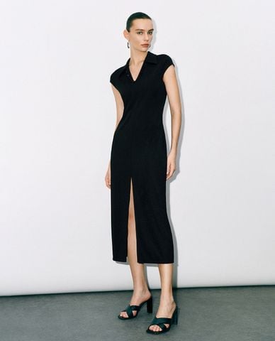  URBAN REVIVO - Đầm body midi tay ngắn cổ bẻ hiện đại 