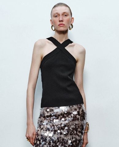  URBAN REVIVO - Áo kiểu nữ cổ đan chéo thời thượng 