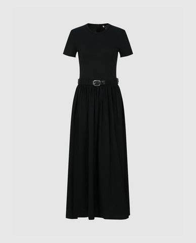  URBAN REVIVO - Đầm xếp li cổ tròn tay ngắn phối thắt lưng Skinny 