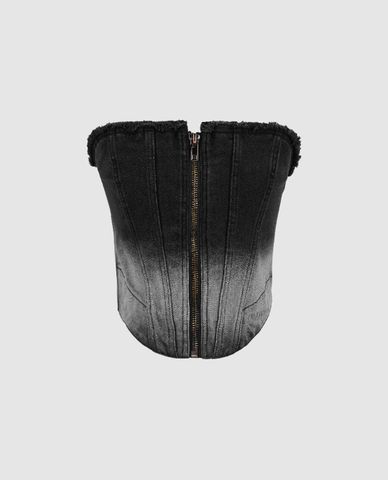  URBAN REVIVO - Áo kiểu nữ cúp ngực denim Zipper Front Raw 