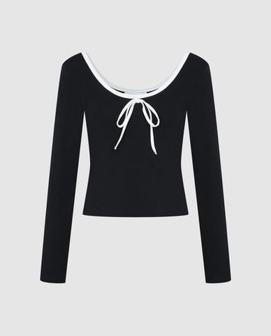  URBAN REVIVO - Áo thun nữ tay dài phom ôm phối nơ nữ tính 