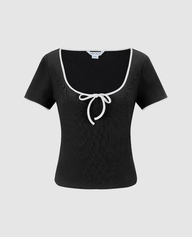  URBAN REVIVO - Áo croptop nữ cổ chữ U tay ngắn phối nơ Bow Décor 