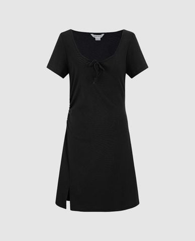  URBAN REVIVO - Đầm mini phom suông cổ chữ U phối nơ Tie Front 