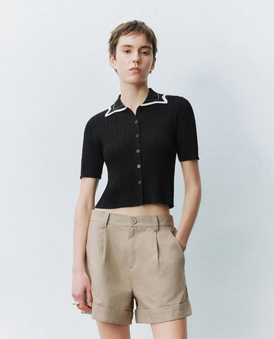  URBAN REVIVO - Áo dệt kim nữ cổ bẻ hiện đại 