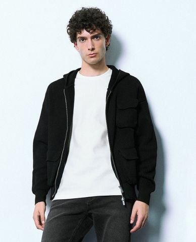  URBAN REVIVO - Áo khoác nam phối mũ khóa zip hiện đại 