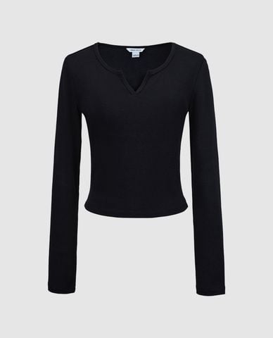  URBAN REVIVO - Áo thun nữ cổ V tay dài phom ôm 