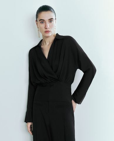  URBAN REVIVO - Áo kiểu nữ cổ V tay dài Surplice Front 
