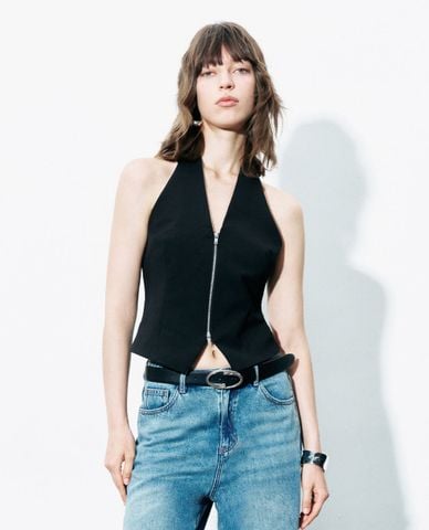  URBAN REVIVO - Áo sát nách nữ cổ V phối khoá zip cá tính 